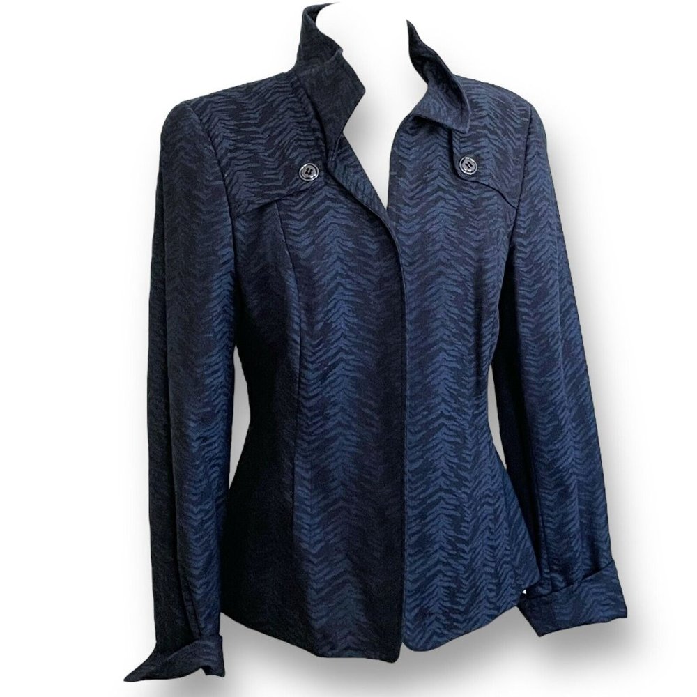 Nina McLemore Womens Blazer Jacket Sz 8 Blue Black Wool Animal Print Belted - Picture 8 of 10